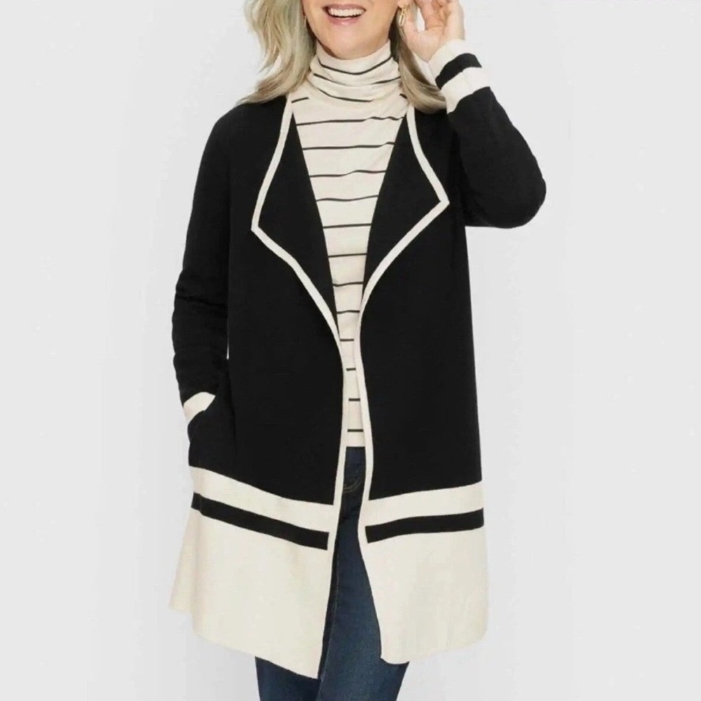 Talbots Cardigan Petite PM Black Ivory Merino Wool Colorblock Open Front Sweater
